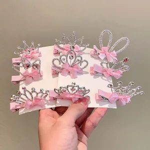 9pcs set of pink crown and animal hair clips for girls with sparkling rhinestones