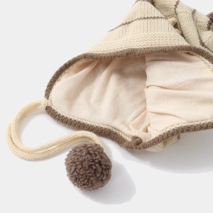 Striped puppy knit hat for kids aged 3-7 with warm ear flaps and fluffy pom-poms