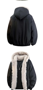 Detailweergave van de zwarte parka met warme voering van imitatiebont en elastische manchetten