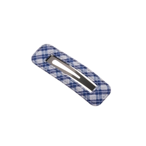 Blue and white gingham fabric rectangular hair clip with visible black metal snap button
