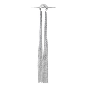 Detail view of a long silver tassel hair stick with sleek metallic chains for hair styling