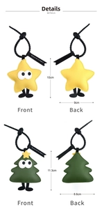 Cartoon star and pine tree PU leather luggage tags with size dimensions on white backdrop