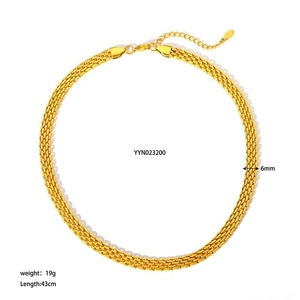 Flat woven chain necklace in gold finish, 6mm width and 43cm length product specs