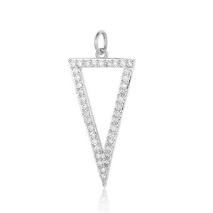 Detailed view of a silver triangle pendant featuring micro-paved clear round gemstones