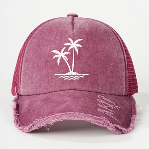 Vintage washed purple trucker hat with coconut tree embroidery and distressed brim details