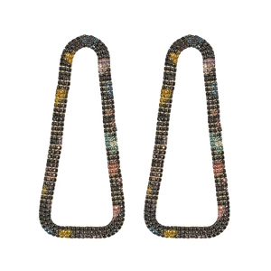 Elegant long rectangular black earrings with colorful rhinestones in a geometric style