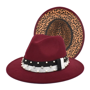 Burgundy wool fedora hat with leopard print brim underside and pearl band decoration