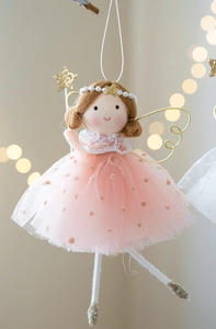 Detailed view of pink fairy ornament with tulle skirt and golden wings on a tree
