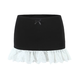 Minigonna Sexy Da Donna Con Orlo In Pizzo Fiocco Vestibilità Aderente Rayon Nylon Spandex