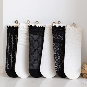 Women Japanese Style Lace Ruffle Crew Socks Thin Breathable Cotton Mesh Slouch Socks Black White Polka Dot Floral Mesh Socks