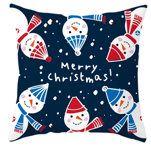 Detail of blue Christmas pillowcase featuring snowmen and Merry Christmas text