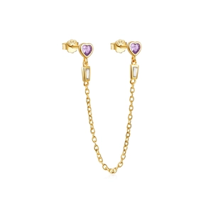 Close-up of S925 silver stamp on gold heart earrings with purple gems and chains