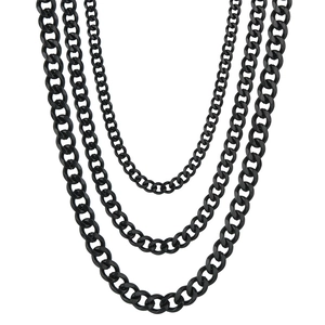 Three pieces of black stainless steel Cuban link necklaces in various lengths on white background