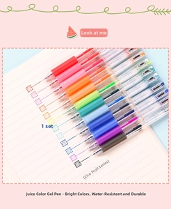 Detail of 12 vibrant retractable gel pens showing smooth ink flow and colorful swatches