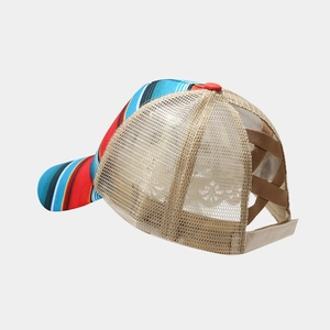 Breathable ponytail baseball cap with colorful stripes and khaki mesh back for women