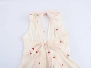 Detail of floral embroidery and backless bow tie on a cream french maxi dress