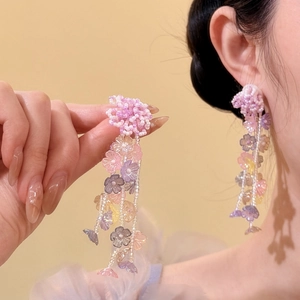 Multicolor Glass Flower Tassel Stud Earrings For Women Handmade Beaded Long Drop Earrings Summer Vacation High-End Fashion Jewelry