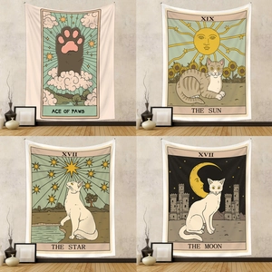 Cat Tarot Tapestry Wall Hanging Polyester Fabric Retro Bohemian Mystical Illustration For Bedroom Living Room Home Decor