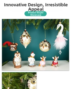 Macro detail of painted glass Christmas ornaments including owl, dog, and swan designs