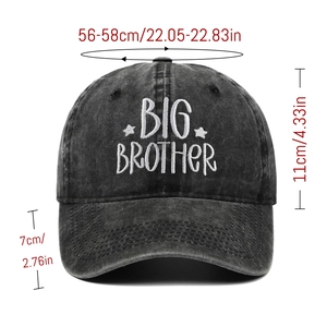 Detail view of grey washed baseball cap with Big Brother embroidery and size measurements