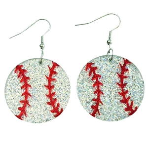 Sparkly silver sequin baseball earrings with red stitching for sports fans and match atmosphere