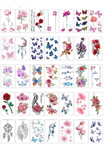 Catalog view of 35 diverse minimalist waterproof tattoo stickers with flowers and butterflies