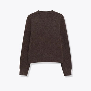 Classic dark brown crew neck knit sweater for women with ribbed cuffs and hem, back view