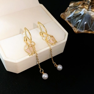 Elegant zircon tulip tassel earrings with faux pearls and gold finish for women