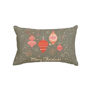 Gray linen Christmas lumbar pillow cover with red ornaments and Merry Christmas text