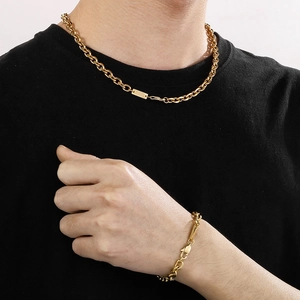 Model wearing gold O-chain necklace and bracelet set with square pendant tags