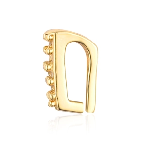 Detailed view of D-shaped gold earring with beaded edge accents and a polished finish