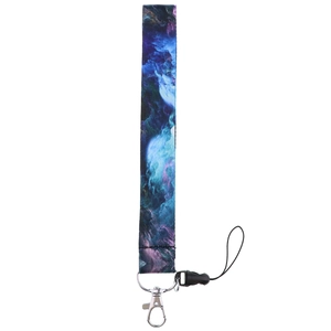 Detail of starry night polyester lanyard with metal spring hook and phone connector