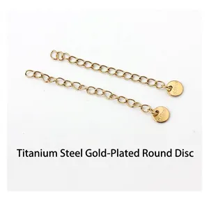 Macro detail of gold plated stainless steel extension chains with S.Steel round tag