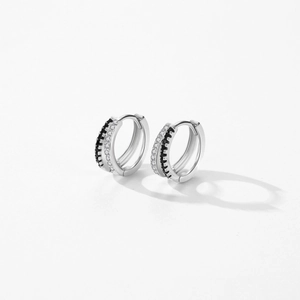 Double-layered S925 sterling silver hoop earrings with black and white zircon stones
