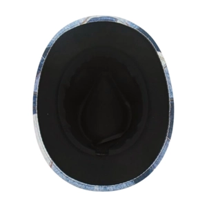 Detailed top view showing blue denim style texture and black fabric lining of the kids hat