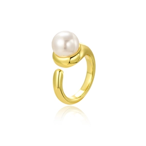 Detail of 18k gold plated ring featuring a lustrous round white pearl on white background