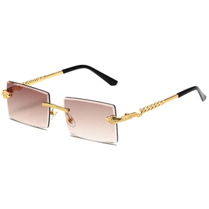 Luxurious rimless rectangular sunglasses with gold snake-shaped metal temples and brown lenses