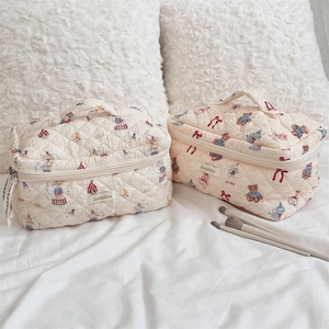 Close-up of quilted cartoon animal print makeup bags with sturdy zipper and top handle