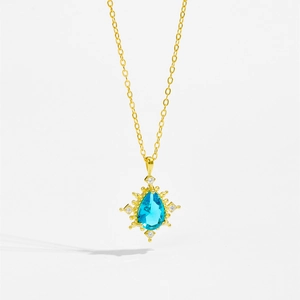 Minimalist S925 sterling silver 18K gold necklace with teardrop blue zircon pendant