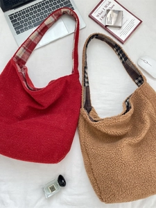 Women Large Capacity Tote Bag Plush Teddy Fleece Wool Felt Checkered Lining Shoulder Bag Winter Casual Christmas