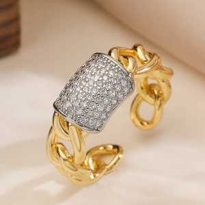 Two-tone plated chain style open ring with square pave-set cubic zirconia centerpiece