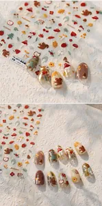 Macro detail of 3D embossed autumn nail stickers with squirrel and mushroom designs