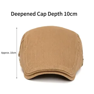 Cotton khaki beret newsboy cap with 10cm deep crown for full head coverage and snug fit