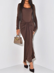 Elegant brown long-sleeve maxi dress with twist front knot detail for women