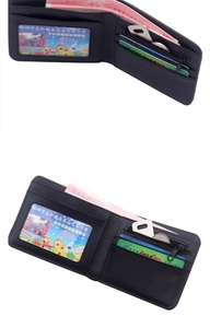 Detail showing bifold wallet interior with ID window, card slots and zipper coin pocket