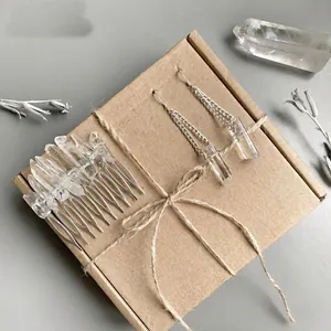 Handmade raw white crystal hair comb and tassel earrings set on natural kraft gift box