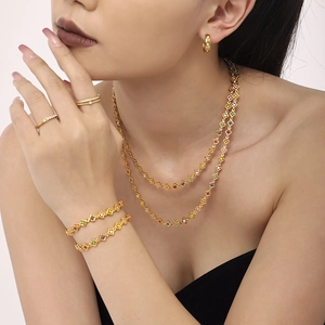 Rainbow floral link necklace and matching bracelet set with colorful zircons in gold