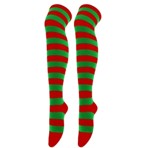 Detailed view of red and green striped over-the-knee socks for festive Christmas outfits