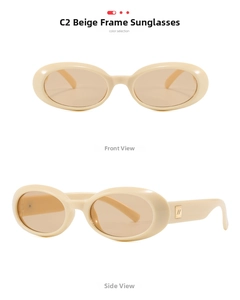 Detail of oval vintage sunglasses with cream frames, tea lenses, and gold side logo