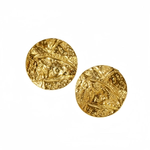 French vintage gold pleated round stud earrings in high-polished stainless steel